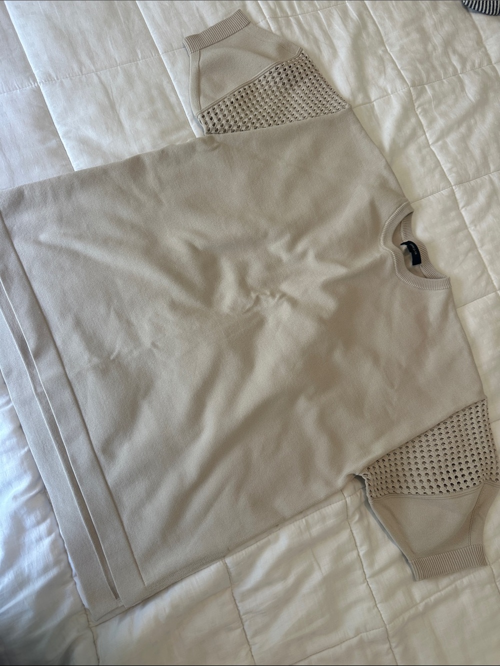 Beige Short Sleeve Knit Top with Eyelet Sleeves